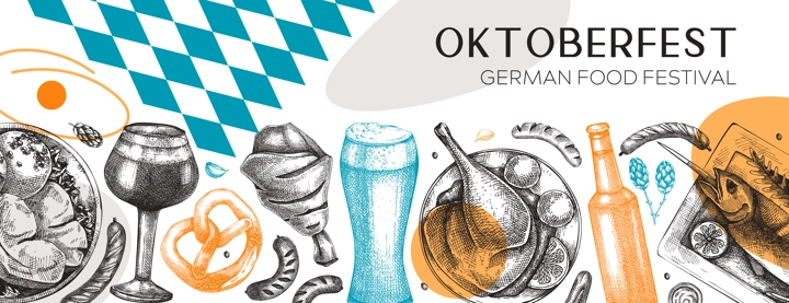 German food background in collage style. Oktoberfest menu trendy design. Vector meat dishes sketches and geometric shapes. German cuisine modern banner. Traditional Food festival illustration.